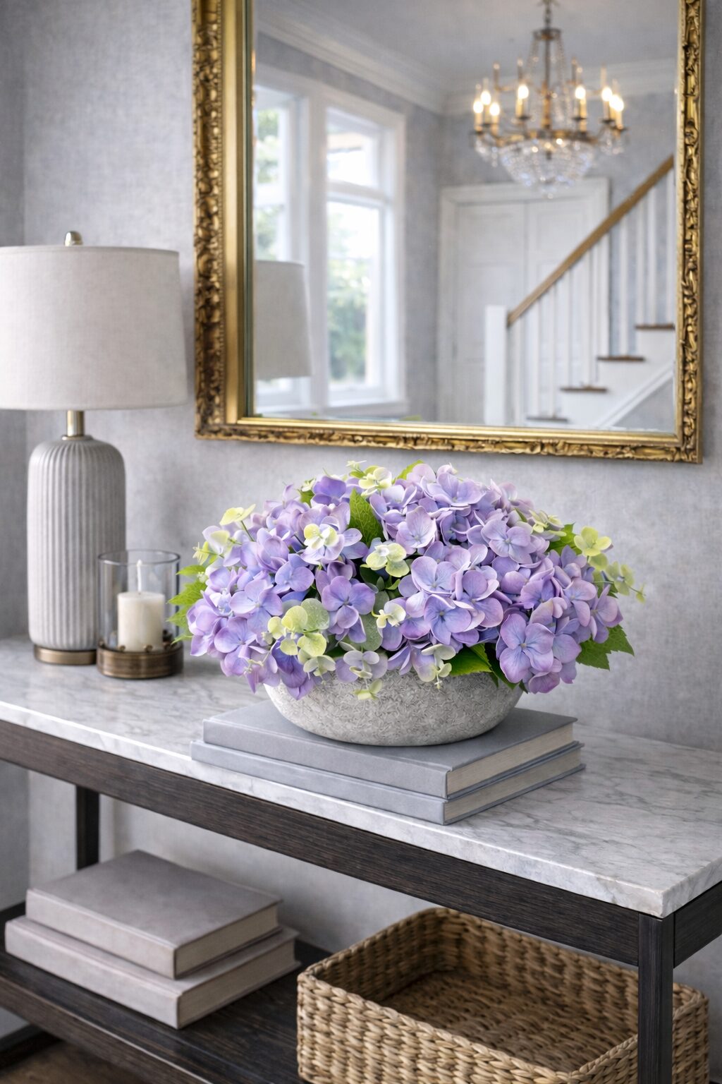 Lilac faux hydrangea arrangement in a stone bowl