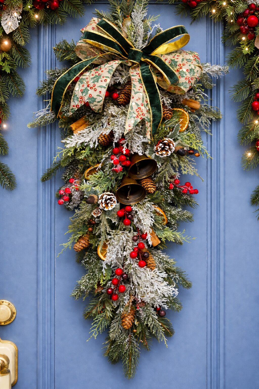 Christmas teardrop door swag with red berries, oranges and brass bells