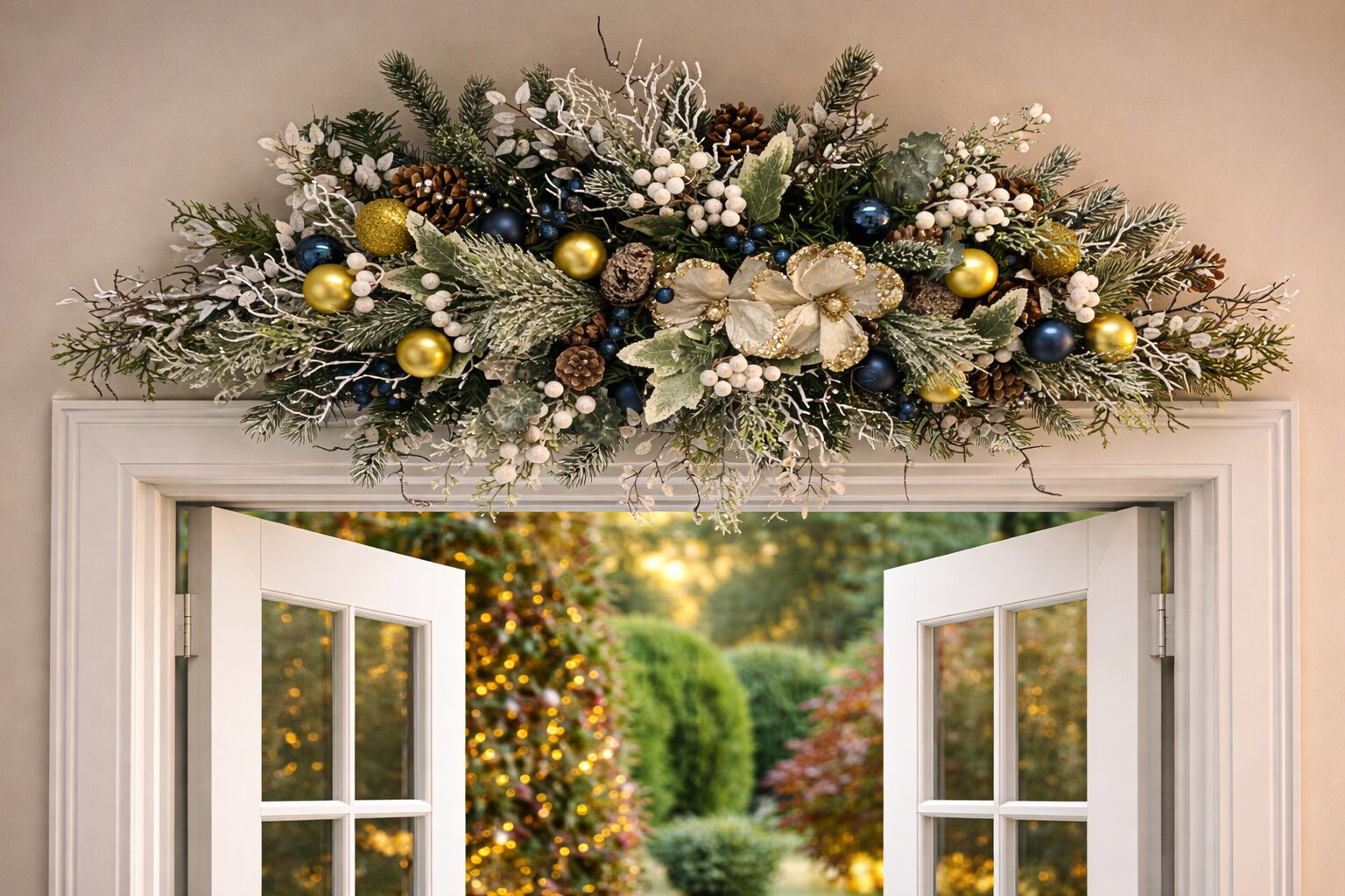 Christmas swag for mantels and doorways with gold and navy baubles