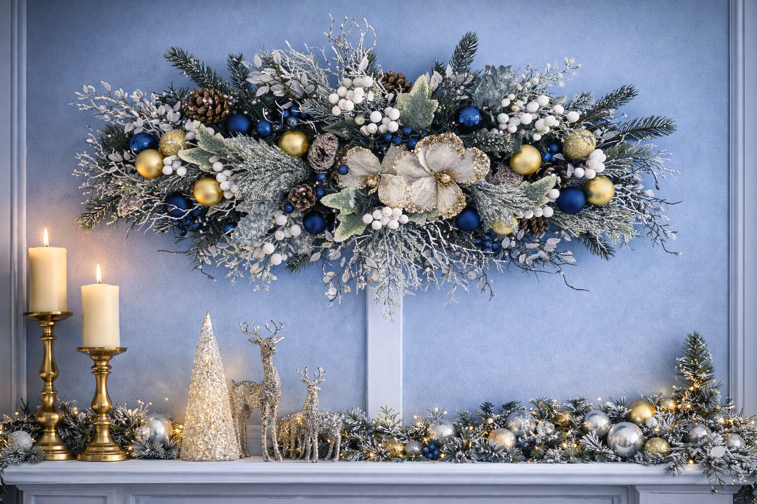 Christmas swag arrangement for mantels and doorways in blue, gold and frosted greenery