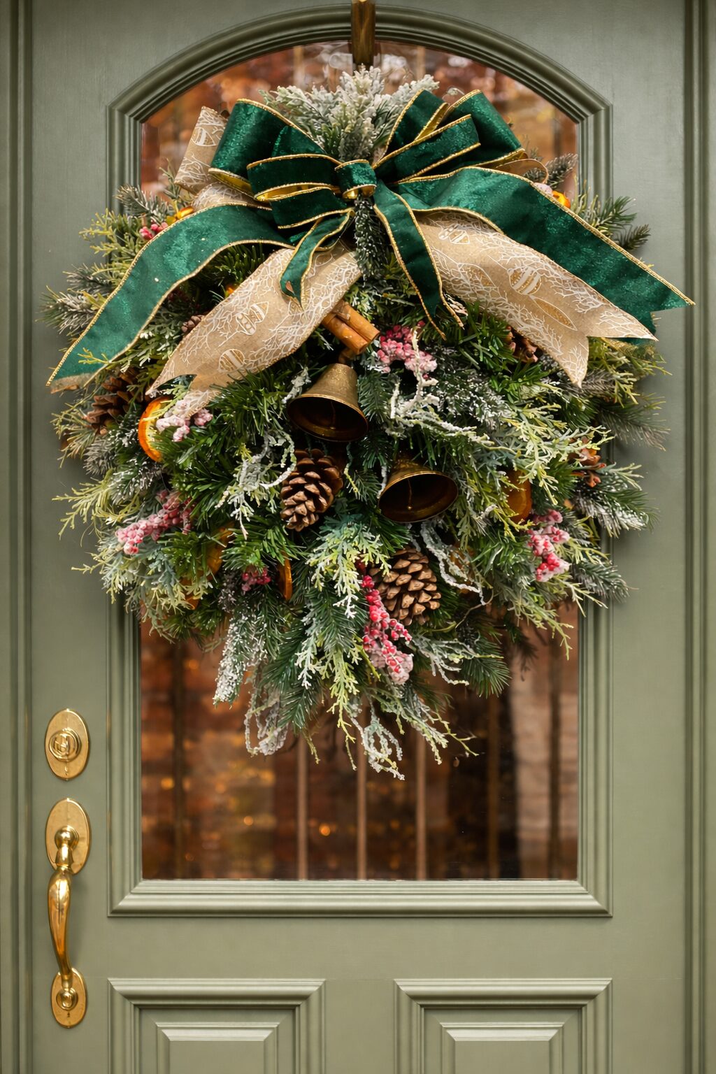 Christmas wreath with frosted greenery, bells, cinnamon and an emerald and gold bow