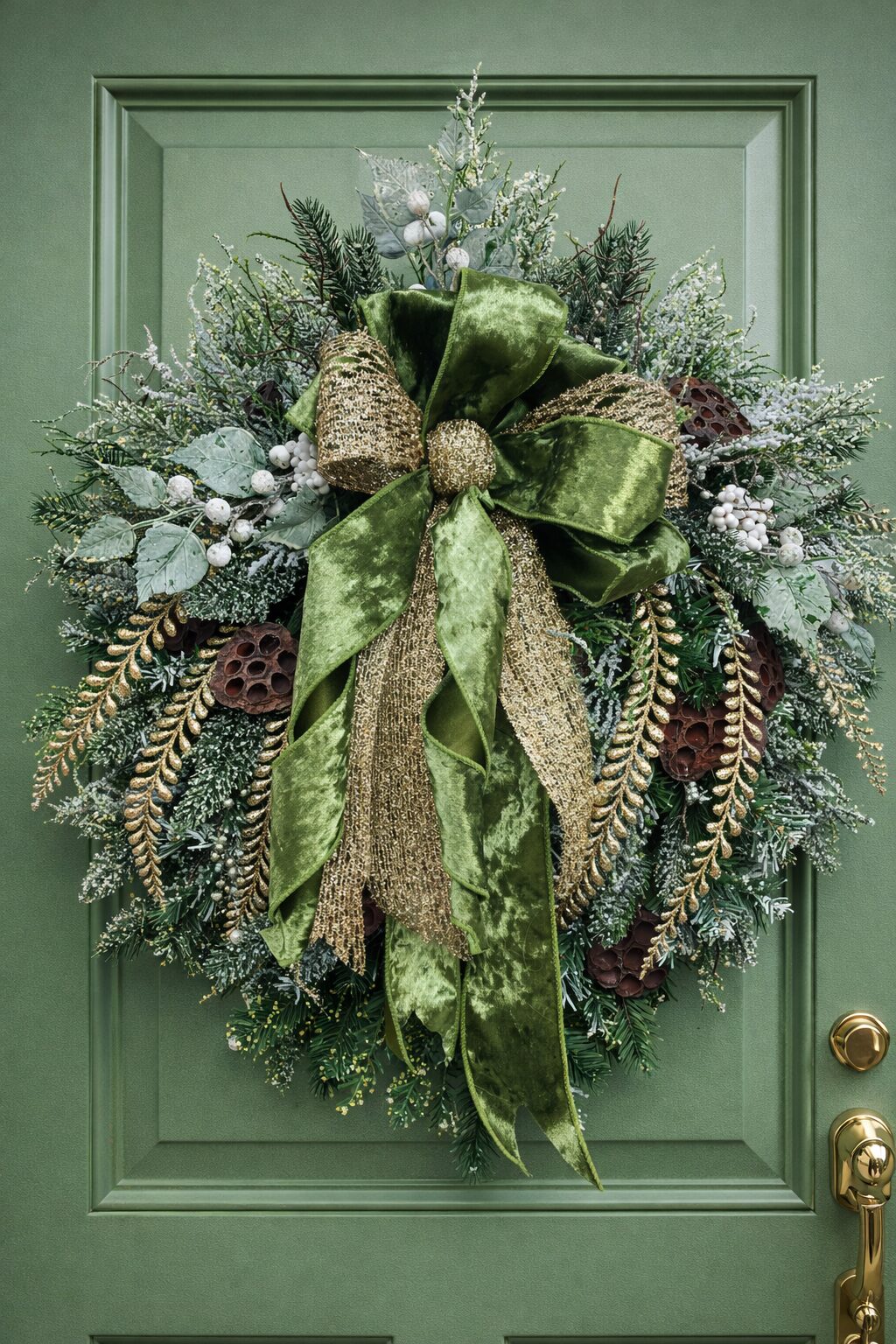 Christmas wreath with frosted foliage, white berries and moss green velvet bow
