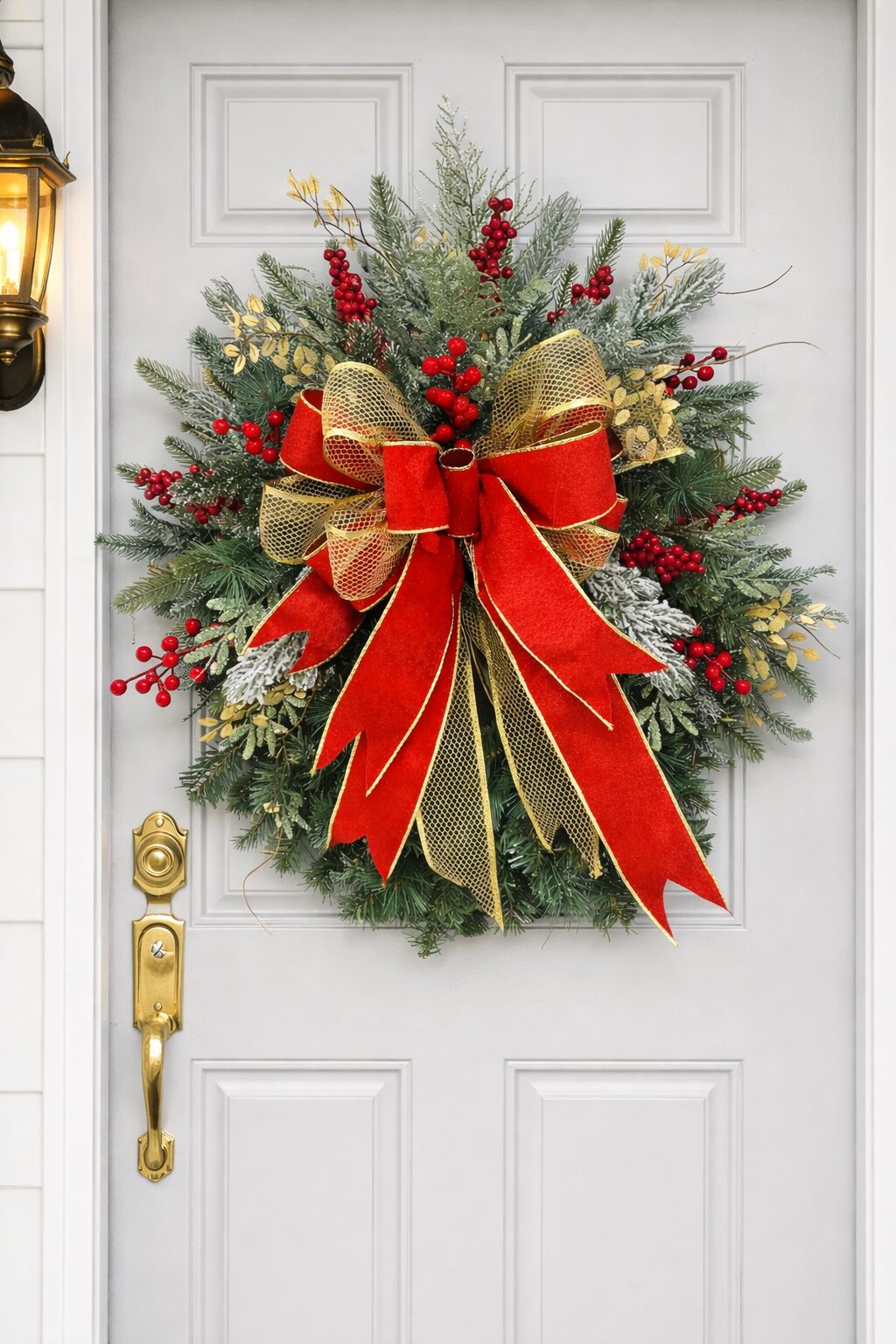 Classic red and gold Christmas wreath with frosted pine and berries
