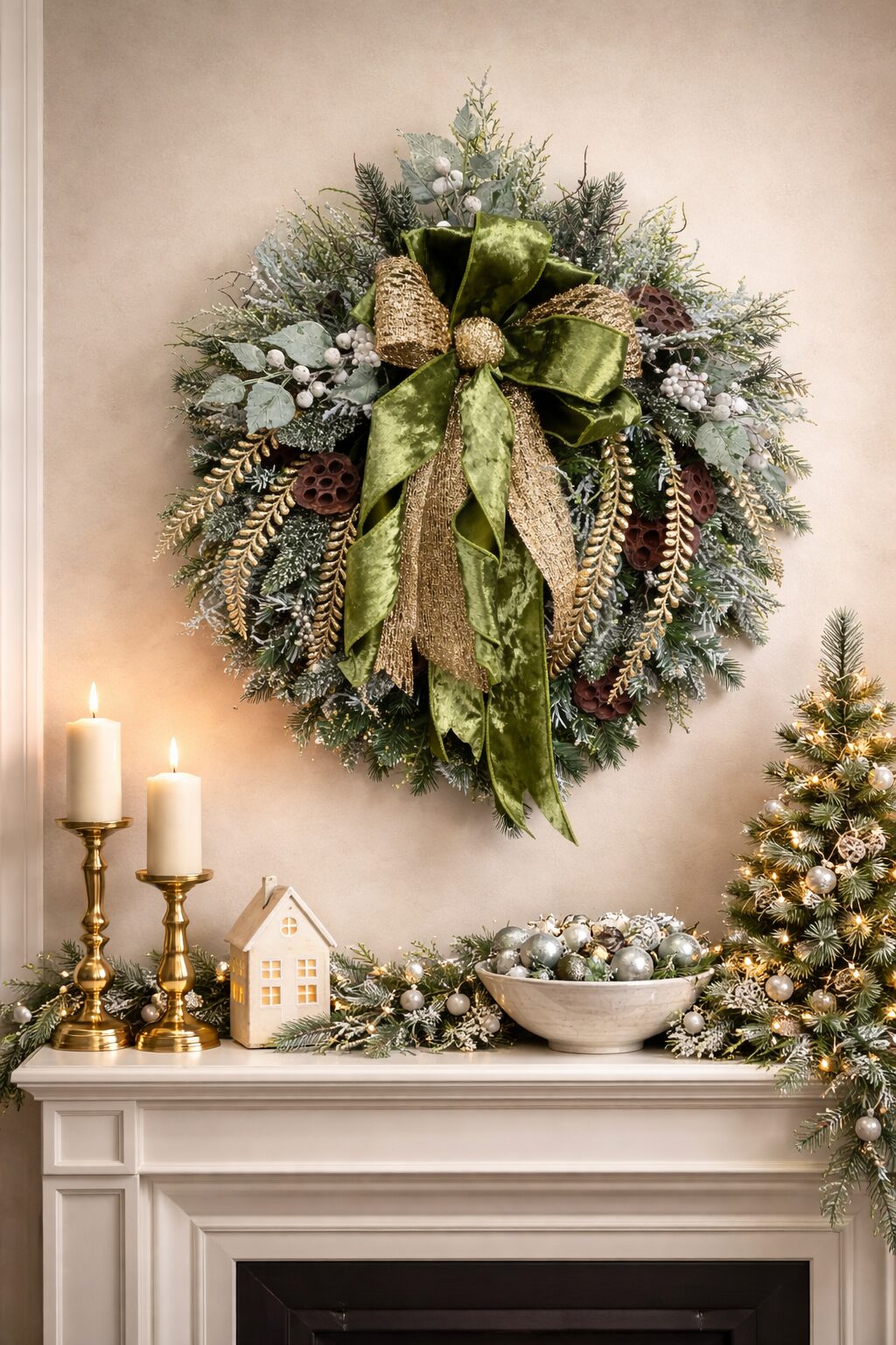 Handmade Christmas wreath with frosted greenery, gold and moss-green velvet ribbon