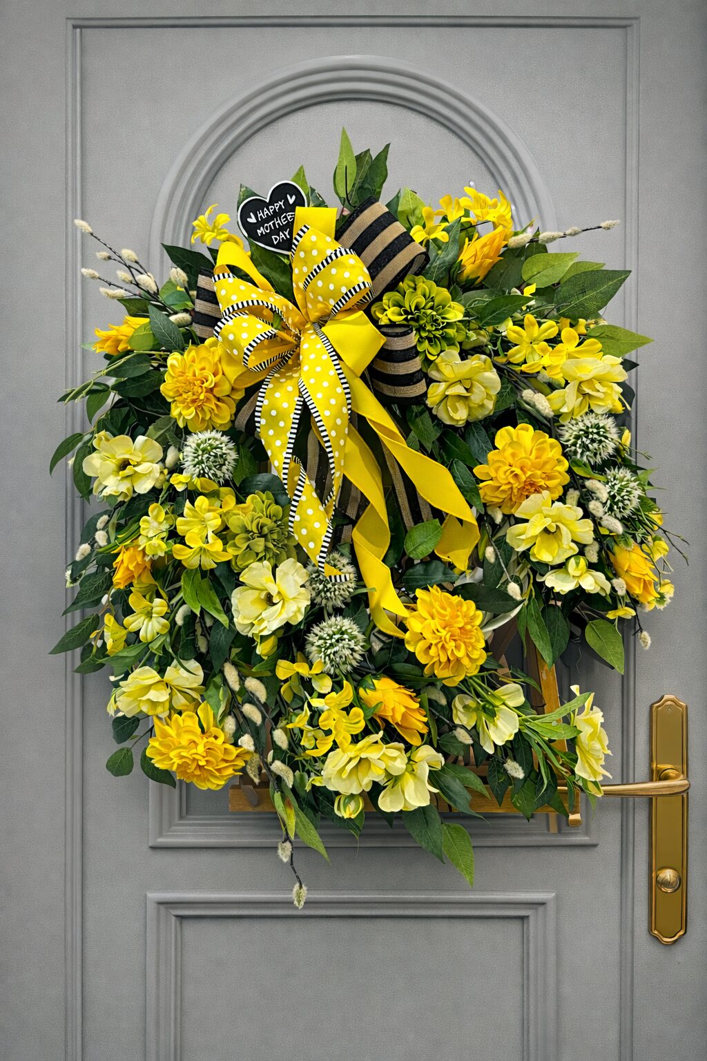 Yellow Mother's Day faux wreath with polka-dot ribbon
