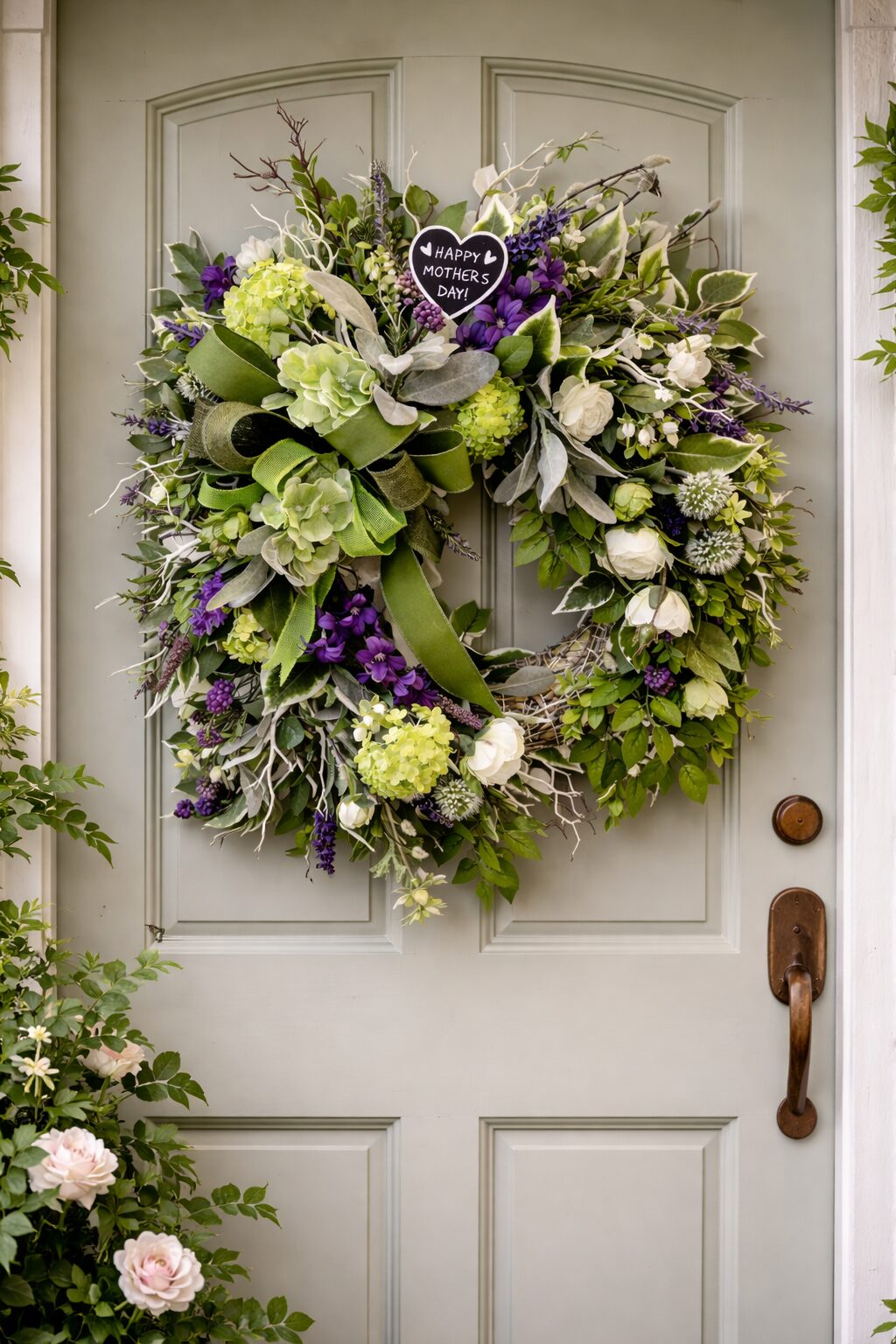 Purple and green Mother's Day faux wreath with white ranunculus
