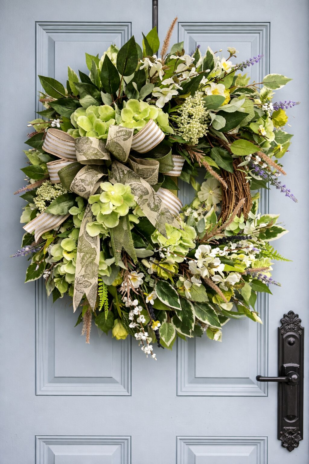 Spring faux door wreath with green hydrangea, white blossom and lavender